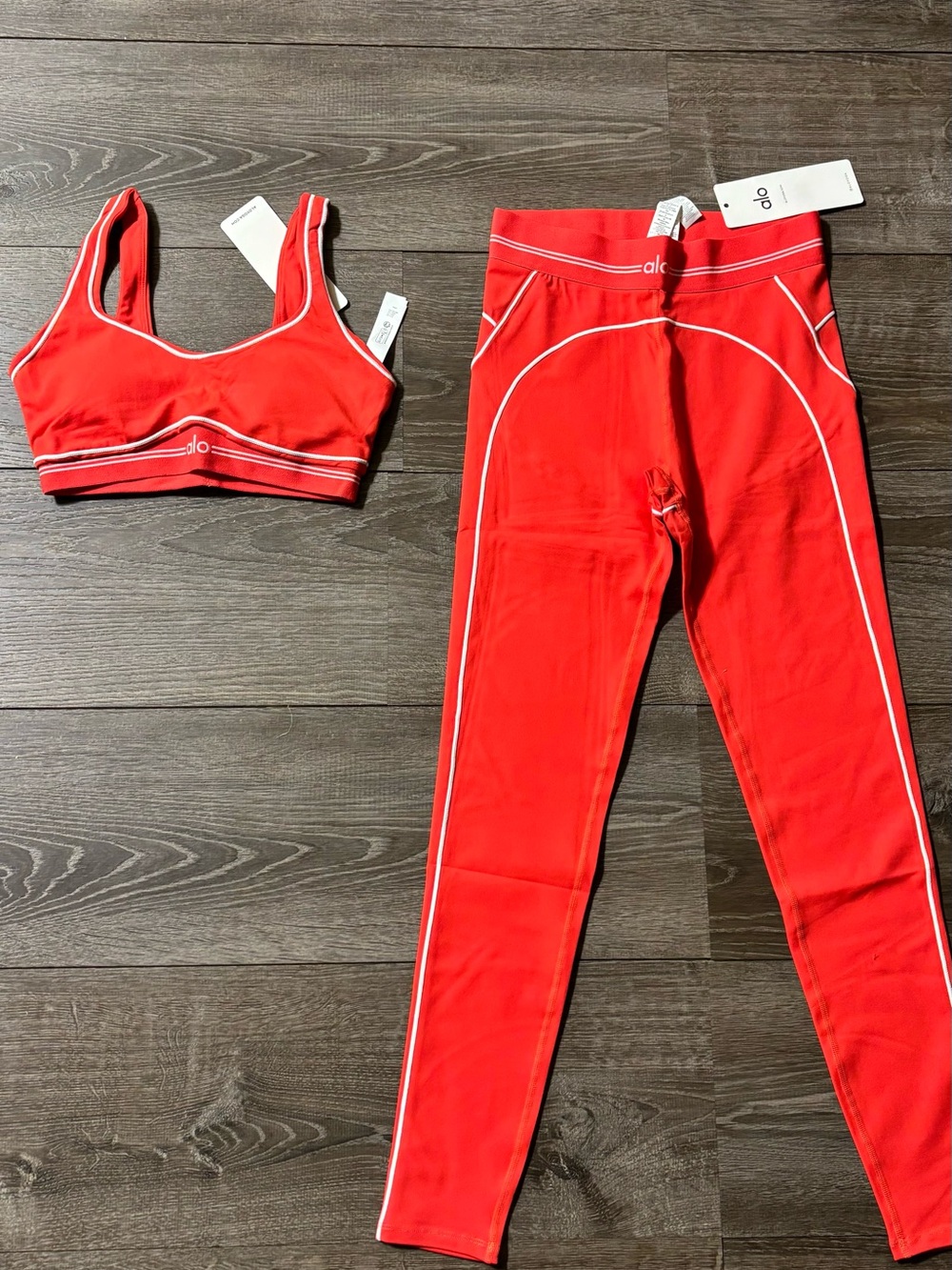 ALO Yoga Kids Red Leggings and Sports Bra Set with White Trim